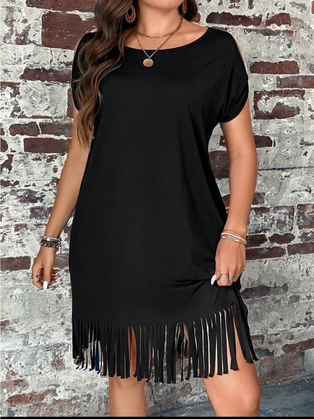 SHEIN Black Short Sleeve Fringe Hem Mini Dress